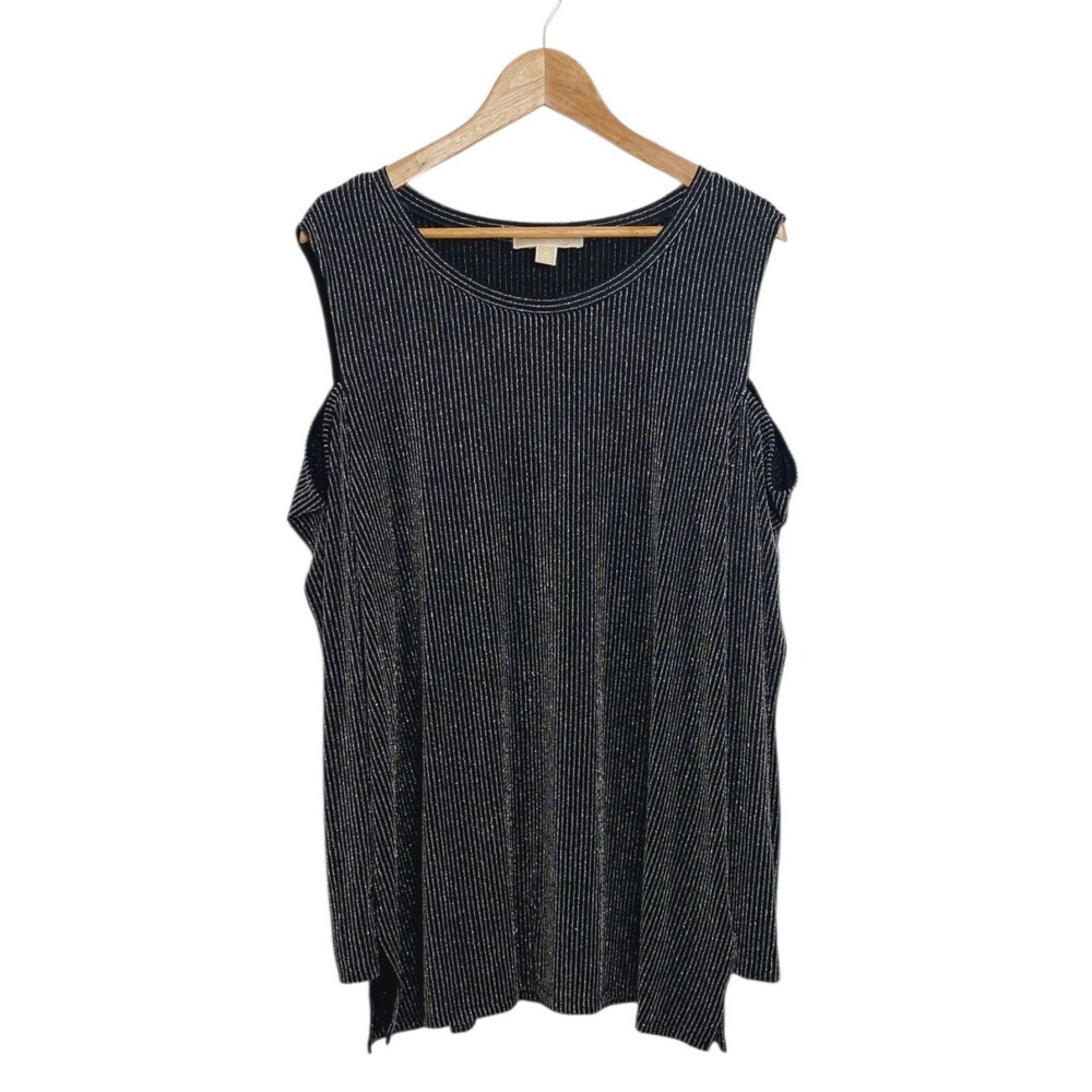 Michael Kors Women's Size 2X Blouse Cold Shoulder Black Silver Metallic Tunic